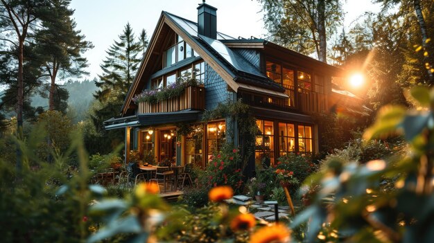 Foto bella casa de madera de lujo en el jardín al atardecer casa de lujo por la noche