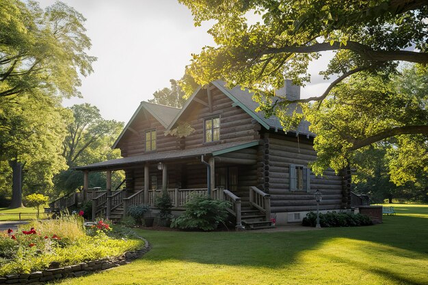 Bella casa de madera en un parque verde en un día de verano