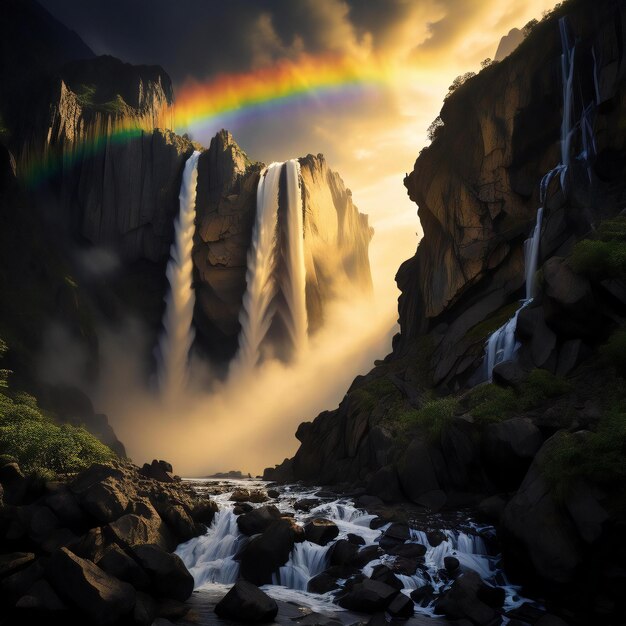 Bella cascada con un arco iris en las nubes generativo ai