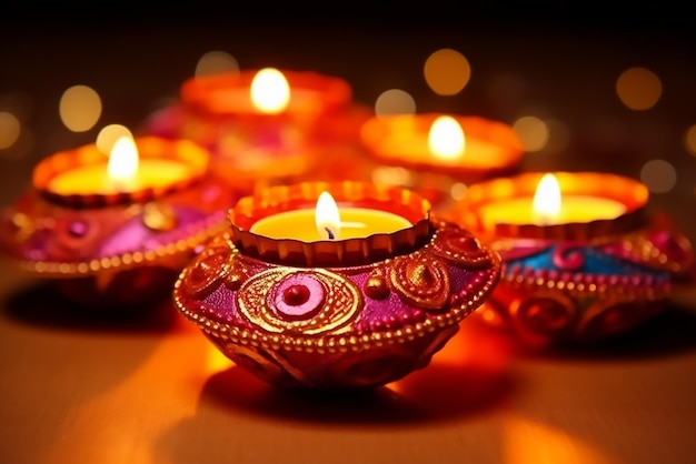 Bella celebración de Diwali con Diya y velas