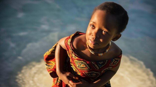 Bella chica africana curiosa pensando en algo magnífica dama negra posando en la luz