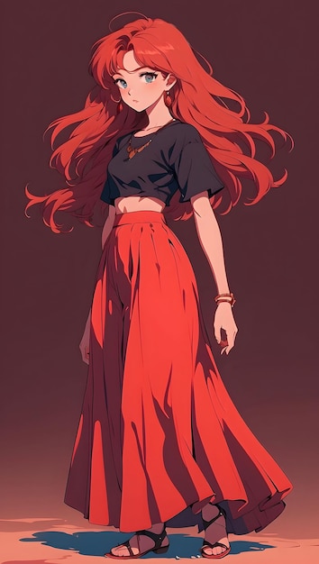 Bella chica con el cabello largo en una larga falda roja Ilustración vectorial