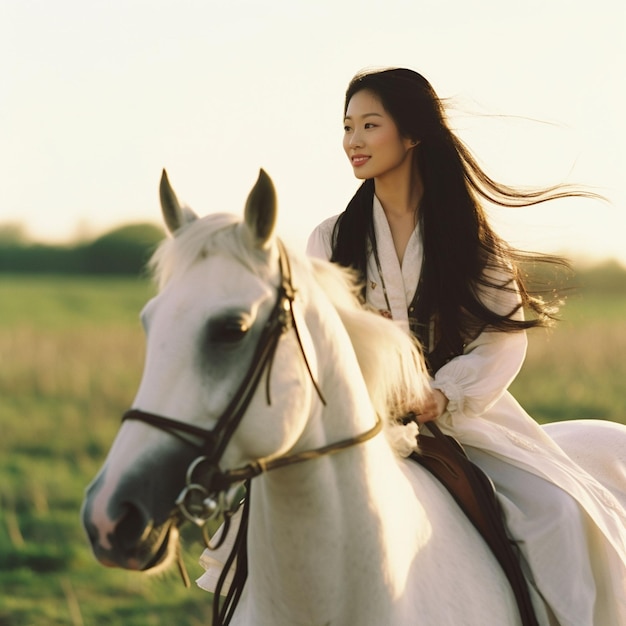 Bella chica con cabello largo con vestido montando a caballo en el bosque