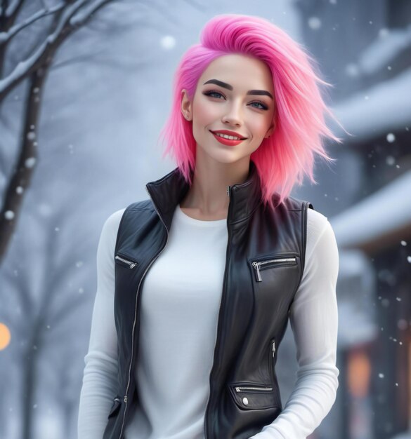 Bella chica con cabello rosa en una chaqueta de cuero negra en el fondo de una ciudad de invierno