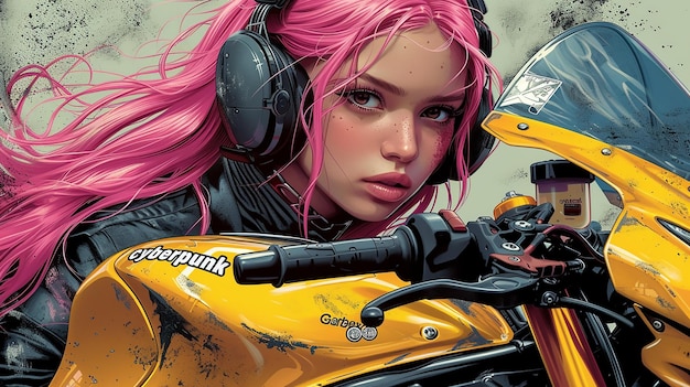 Bella chica de cabello rosa largo en Kawasaki ZX10RR colores amarillo y negro