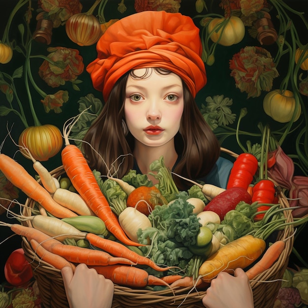 Bella chica con una canasta de muchas verduras frescas imagen de fotografía arte generado por IA