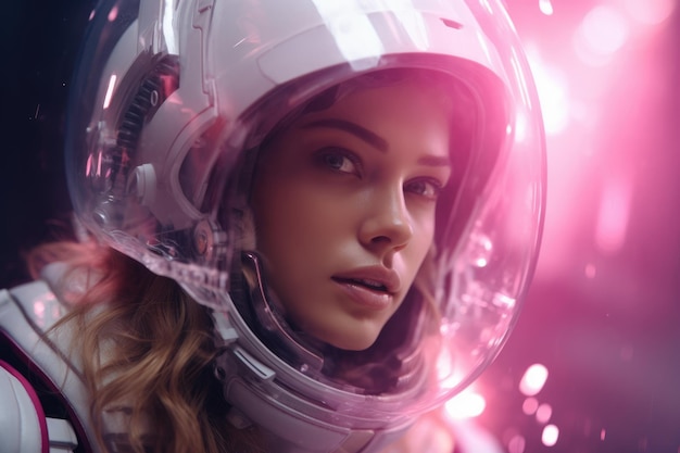Foto bella chica con un casco transparente en estilo de ciencia ficción en colores delicados