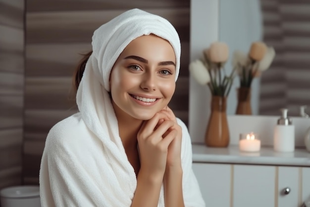 Bella chica caucásica con toalla blanca aplicando crema facial mirándose en el espejo