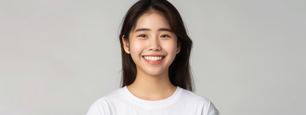 Bella chica coreana sonriendo dientes blancos mirando encantador a la cámara de pie en camiseta blanca ov