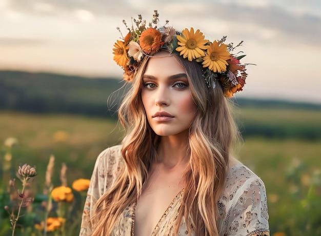 Bella chica con una corona de flores silvestres en el fondo de la puesta de sol