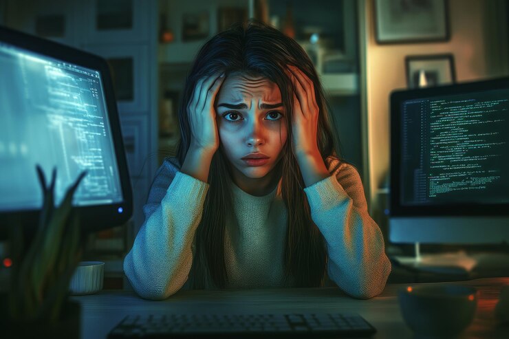 Foto bella chica delgada con una mirada perpleja sus manos agarrando sus sienes mientras mira fijamente a una computadora