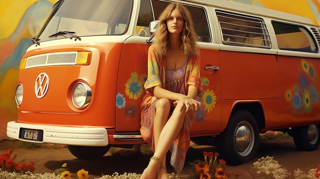 Foto bella chica hippie frente a una furgoneta vintage foto en el estilo de imagen de colores antiguos