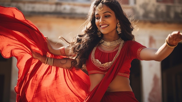 Bella chica india modelo femenina hindú en sari y accesorios kundan traje tradicional rojo de la India