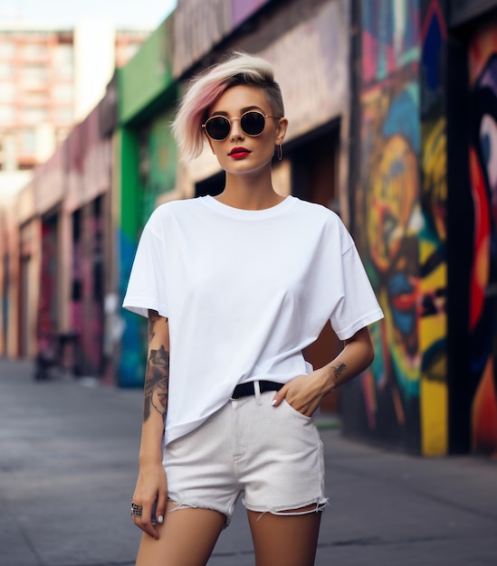 Bella chica de moda en la calle con una camiseta blanca en blanco estilo maqueta camiseta de gran tamaño