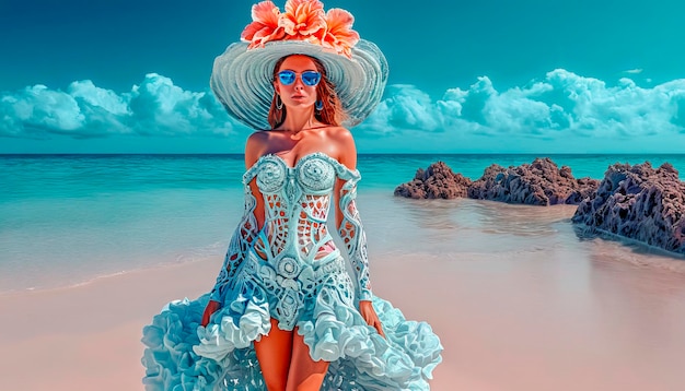 Bella chica de moda de playa posando en la orilla del mar en un traje de baño extravagante