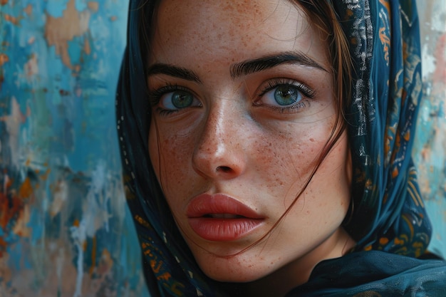 Foto bella chica musulmana del este árabe joven con un pañuelo hijab retrato en primer plano de hermosos ojos pecas palestina omán marruecos