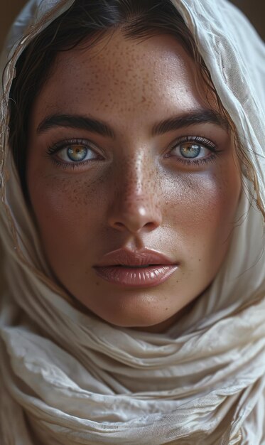 Foto bella chica musulmana del este árabe joven con un pañuelo hijab retrato en primer plano de hermosos ojos pecas palestina omán marruecos