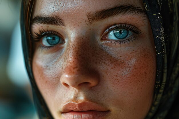 Foto bella chica musulmana del este árabe joven con un pañuelo hijab retrato en primer plano de hermosos ojos pecas palestina omán marruecos