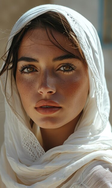 Foto bella chica musulmana del este árabe joven con un pañuelo hijab retrato en primer plano de hermosos ojos pecas palestina omán marruecos