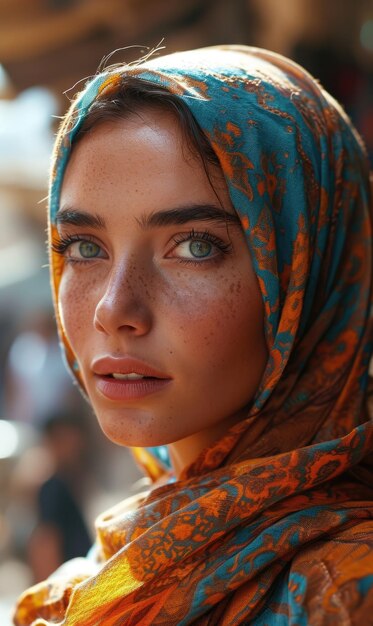 Bella chica musulmana del este árabe joven con un pañuelo hijab retrato en primer plano de hermosos ojos pecas Palestina Omán Marruecos