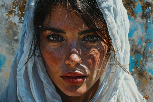 Foto bella chica musulmana del este árabe joven con un pañuelo hijab retrato en primer plano de hermosos ojos pecas palestina omán marruecos