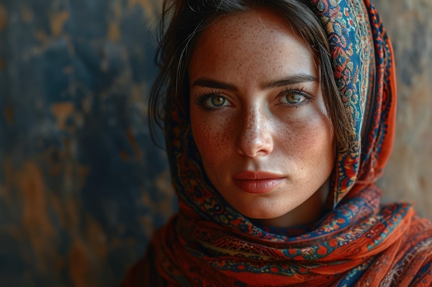 Bella chica musulmana del este árabe joven con un pañuelo hijab retrato en primer plano de hermosos ojos pecas Palestina Omán Marruecos