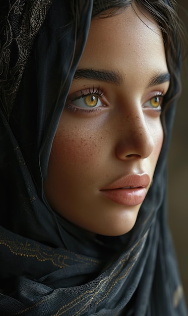 Bella chica musulmana del este árabe joven con un pañuelo hijab retrato en primer plano de hermosos ojos pecas Palestina Omán Marruecos