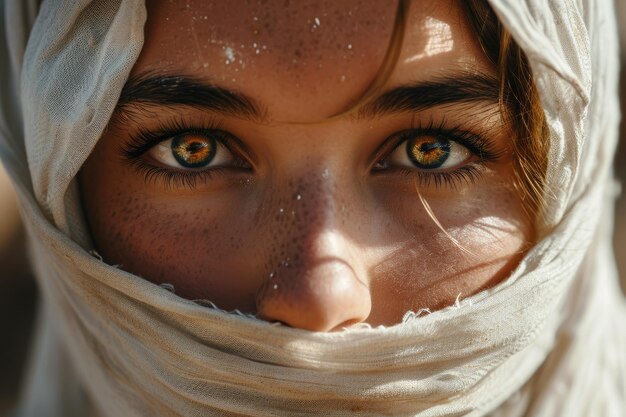 Foto bella chica musulmana del este árabe joven con un pañuelo hijab retrato en primer plano de hermosos ojos pecas palestina omán marruecos