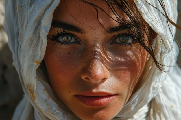 Foto bella chica musulmana del este árabe joven con un pañuelo hijab retrato en primer plano de hermosos ojos pecas palestina omán marruecos