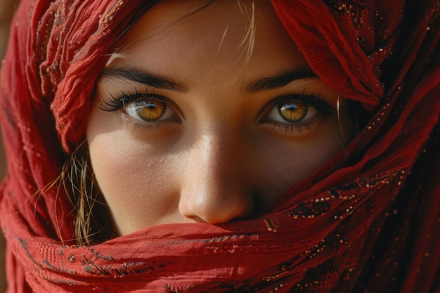 Bella chica musulmana del este árabe joven con un pañuelo hijab retrato en primer plano de hermosos ojos pecas Palestina Omán Marruecos