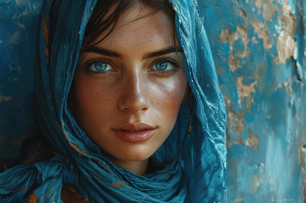 Foto bella chica musulmana del este árabe joven con un pañuelo hijab retrato en primer plano de hermosos ojos pecas palestina omán marruecos