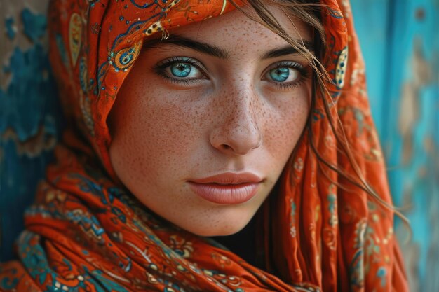 Bella chica musulmana del este árabe joven con un pañuelo hijab retrato en primer plano de hermosos ojos pecas Palestina Omán Marruecos