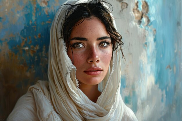 Foto bella chica musulmana del este árabe joven con un pañuelo hijab retrato en primer plano de hermosos ojos pecas palestina omán marruecos