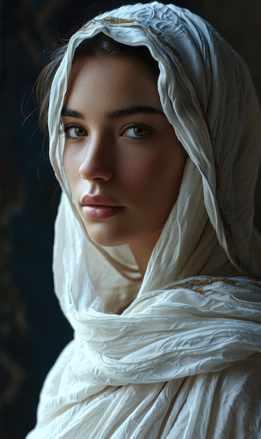 Bella chica musulmana del este árabe joven con un pañuelo hijab retrato en primer plano de hermosos ojos pecas Palestina Omán Marruecos