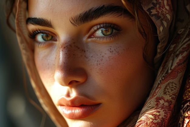 Bella chica musulmana del este árabe joven con un pañuelo hijab retrato en primer plano de hermosos ojos pecas Palestina Omán Marruecos