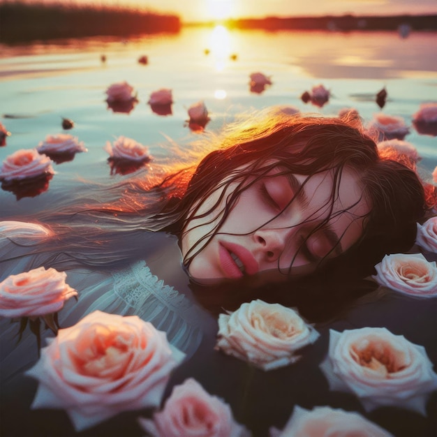 Bella chica pelirroja en el agua con rosas rojas