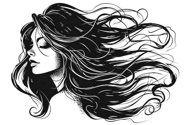 Bella chica con el pelo largo ilustración en blanco y negro