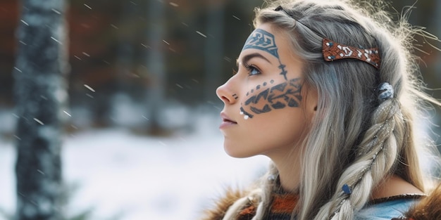 Bella chica rubia medieval mujer joven con pintura facial vikinga del norte