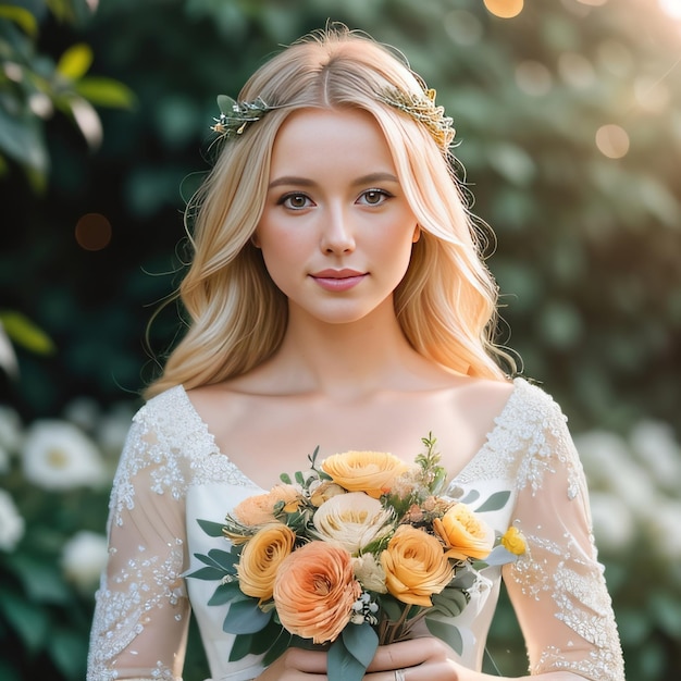 Bella chica rubia en vestido de novia blanco con flores