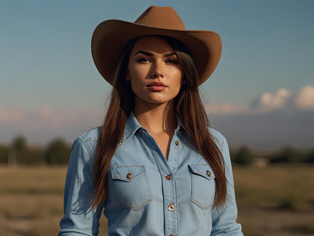 Bella chica con sombrero de vaquero en el desierto al atardecer estilo occidental vaquero tendencia principal