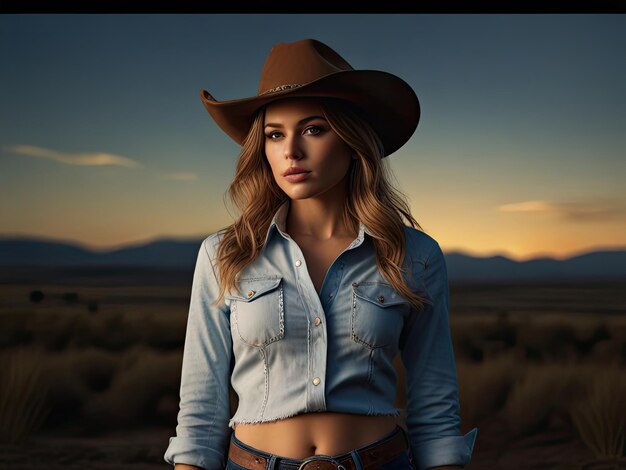 Bella chica con sombrero de vaquero en el desierto al atardecer estilo occidental vaquero tendencia principal