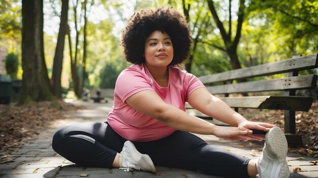 Foto bella chica de talla plus con camiseta deportiva rosa y leggings mirando soñadoramente a la cámara mientras se estira