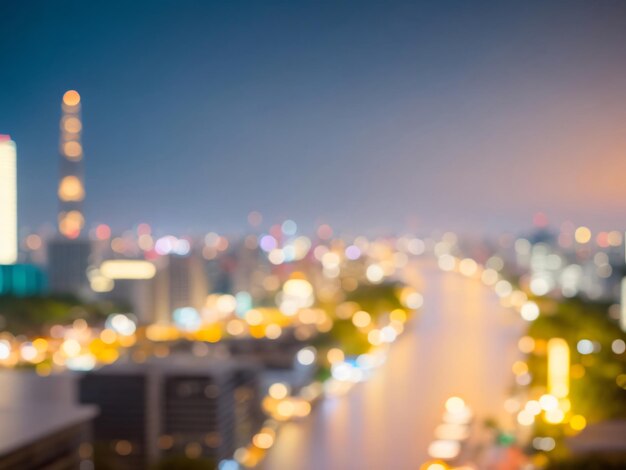 Bella ciudad borrosa cerca del río con luces efecto bokeh