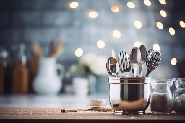 Bella cocina gris y varios utensilios de cocina en la mesa gris en el interior espacio para texto y bokeh