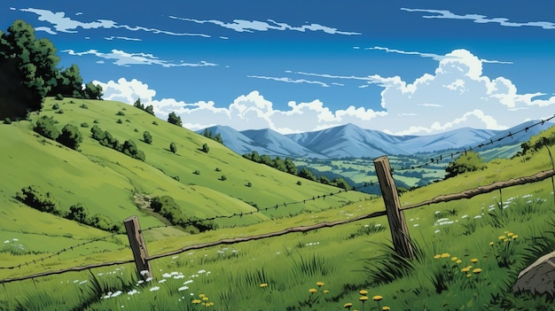 Bella colina en Nueva Zelanda con valla ilustrada por Herg y Studio Ghibli