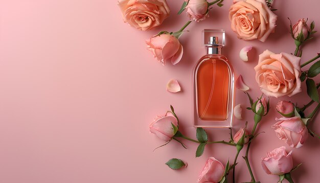 Foto bella composición con una botella de perfume y flores de rosa sobre un fondo rosado