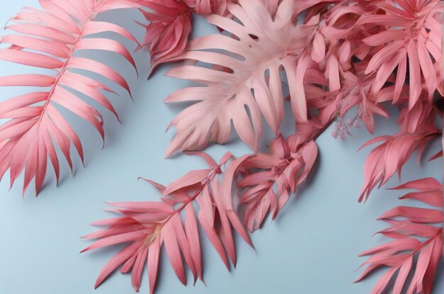 Bella composición con hojas de palma rosadas en azul claro con copyspace