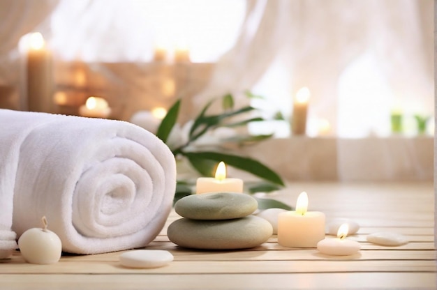 Bella composición de spa por toalla vela y flores con productos de belleza