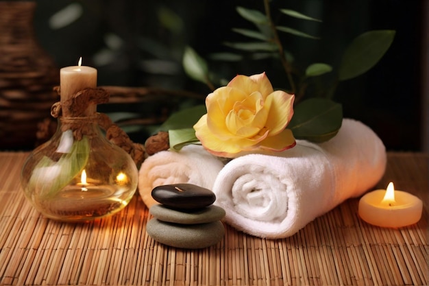 Bella composición de spa por toalla vela y flores con productos de belleza