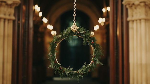 Bella corona de Navidad en la pared en el pasillo de una iglesia